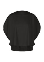 A loose-fitting, short-sleeved black round-neck top from PLEATS PLEASE ISSEY MIYAKE’s A-POC SLICE series, with wide batwing sleeves and a ribbed texture, is displayed against a white background. - BLACK （no.15）