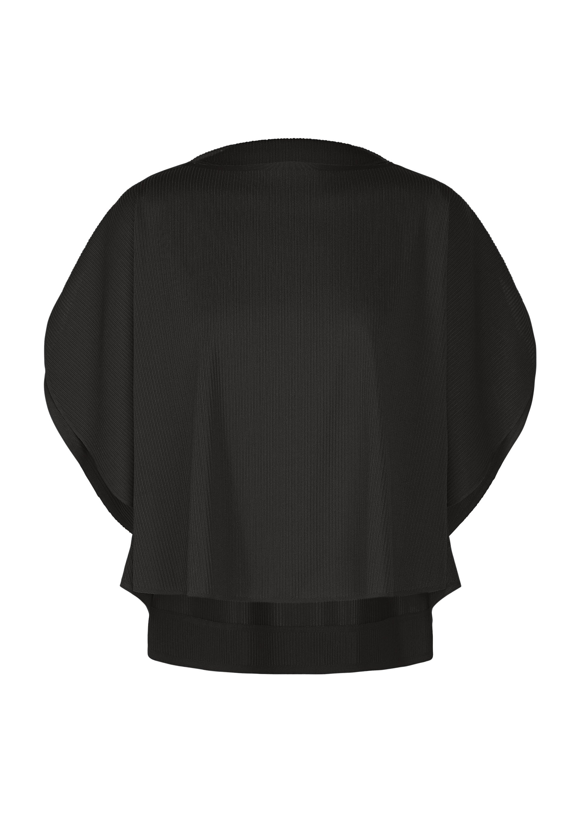 Zoomed view A loose-fitting, short-sleeved black round-neck top from PLEATS PLEASE ISSEY MIYAKE’s A-POC SLICE series, with wide batwing sleeves and a ribbed texture, is displayed against a white background. - BLACK （no.15）