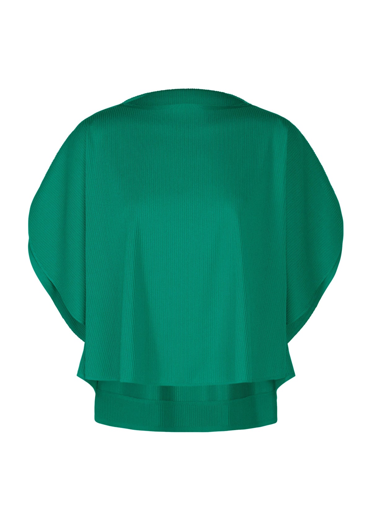 A-POC SLICE by PLEATS PLEASE ISSEY MIYAKE: a bright green, short-sleeved, round-neck top with a loose fit and wide batwing sleeves from the A-POC series, shown on a plain white background. view 3 of 9
