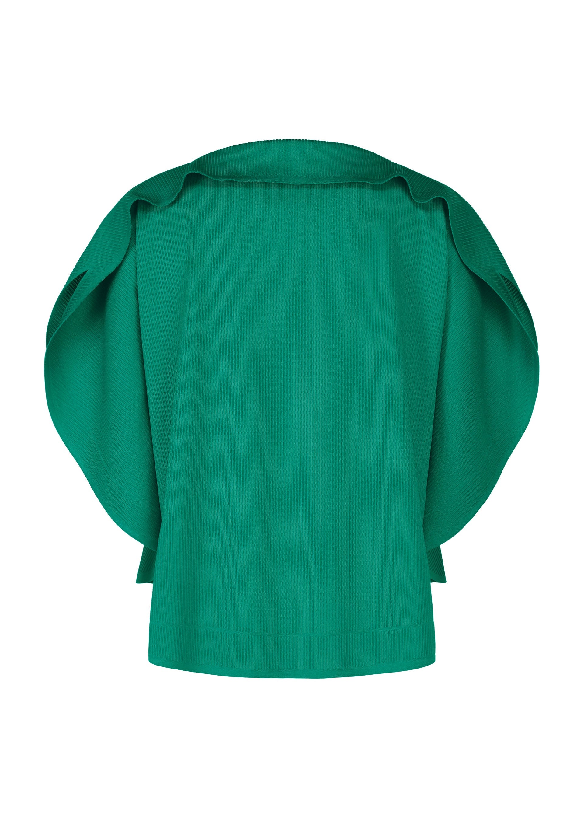 Zoomed view The A-POC SLICE top by PLEATS PLEASE ISSEY MIYAKE is a green, round-neck piece with textured fabric and oversized cape-like sleeves. It has a loose, boxy fit and minimal detailing, shown against a plain white background.