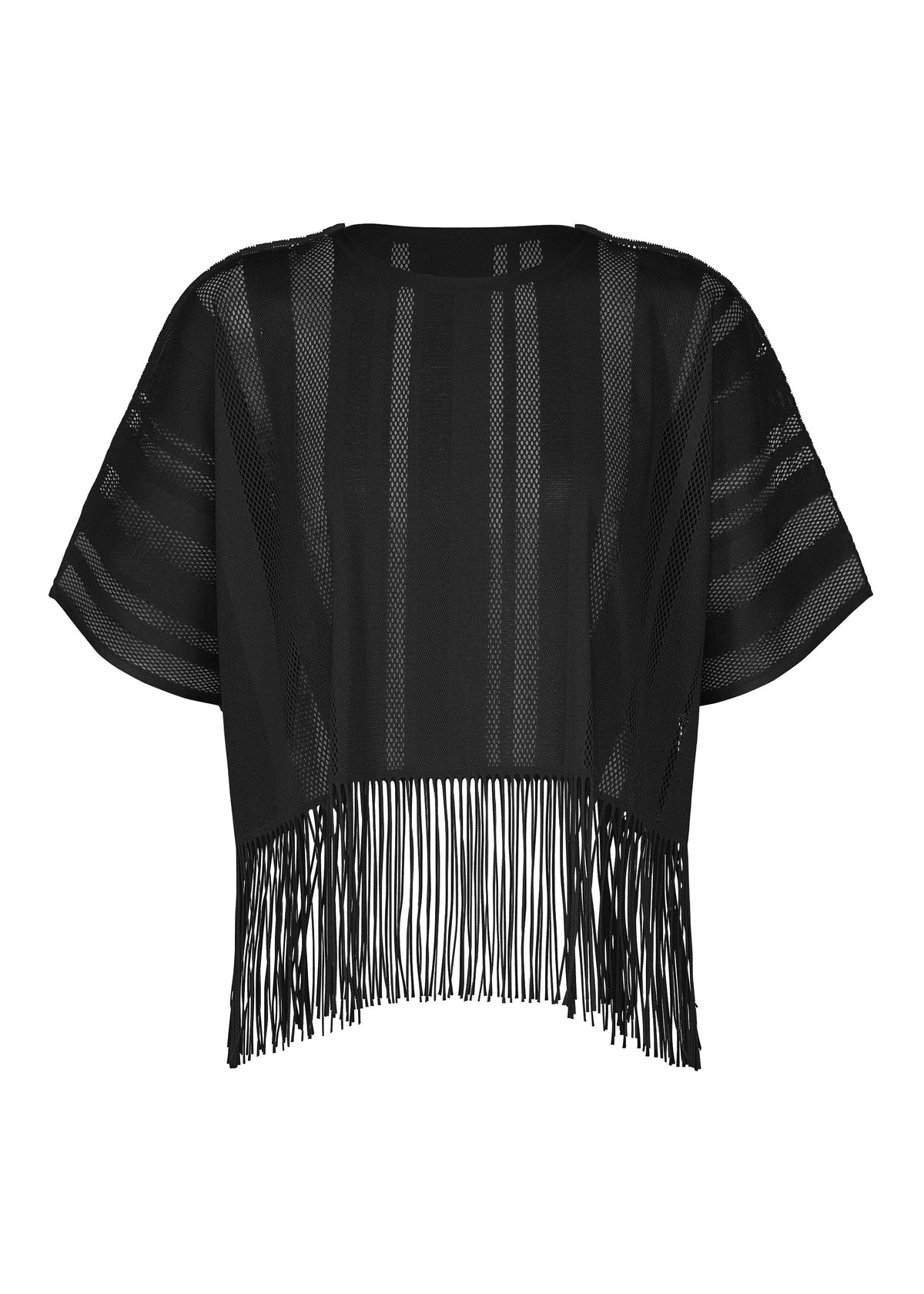 A-POC LACE by PLEATS PLEASE ISSEY MIYAKE is a black short-sleeve mesh top featuring a bold striped pattern and long fringe detailing along the bottom hem, displayed on a plain white background. view 1 of 8
