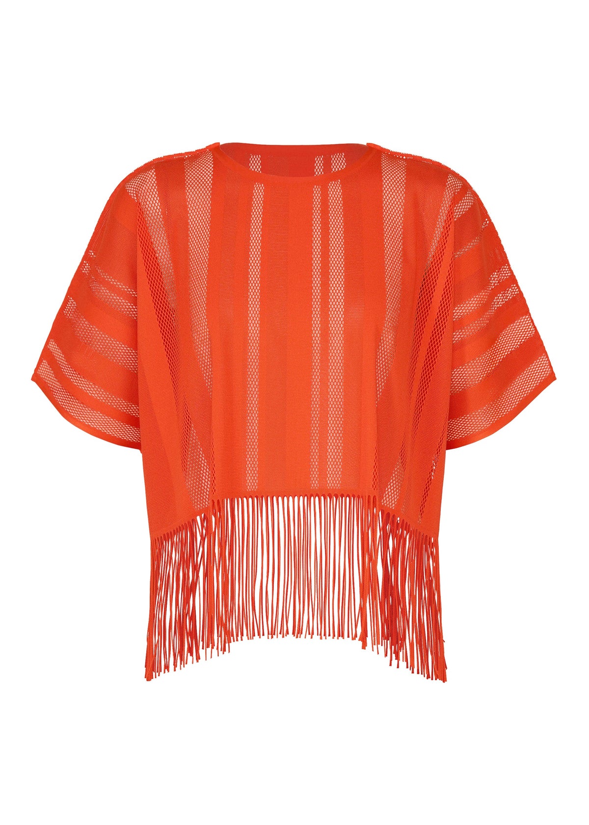 The A-POC LACE top by PLEATS PLEASE ISSEY MIYAKE is a bright orange, short-sleeve mesh piece featuring a boxy fit, round neckline, and vertical striped pattern with fringe detailing along the bottom hem. view 2 of 9