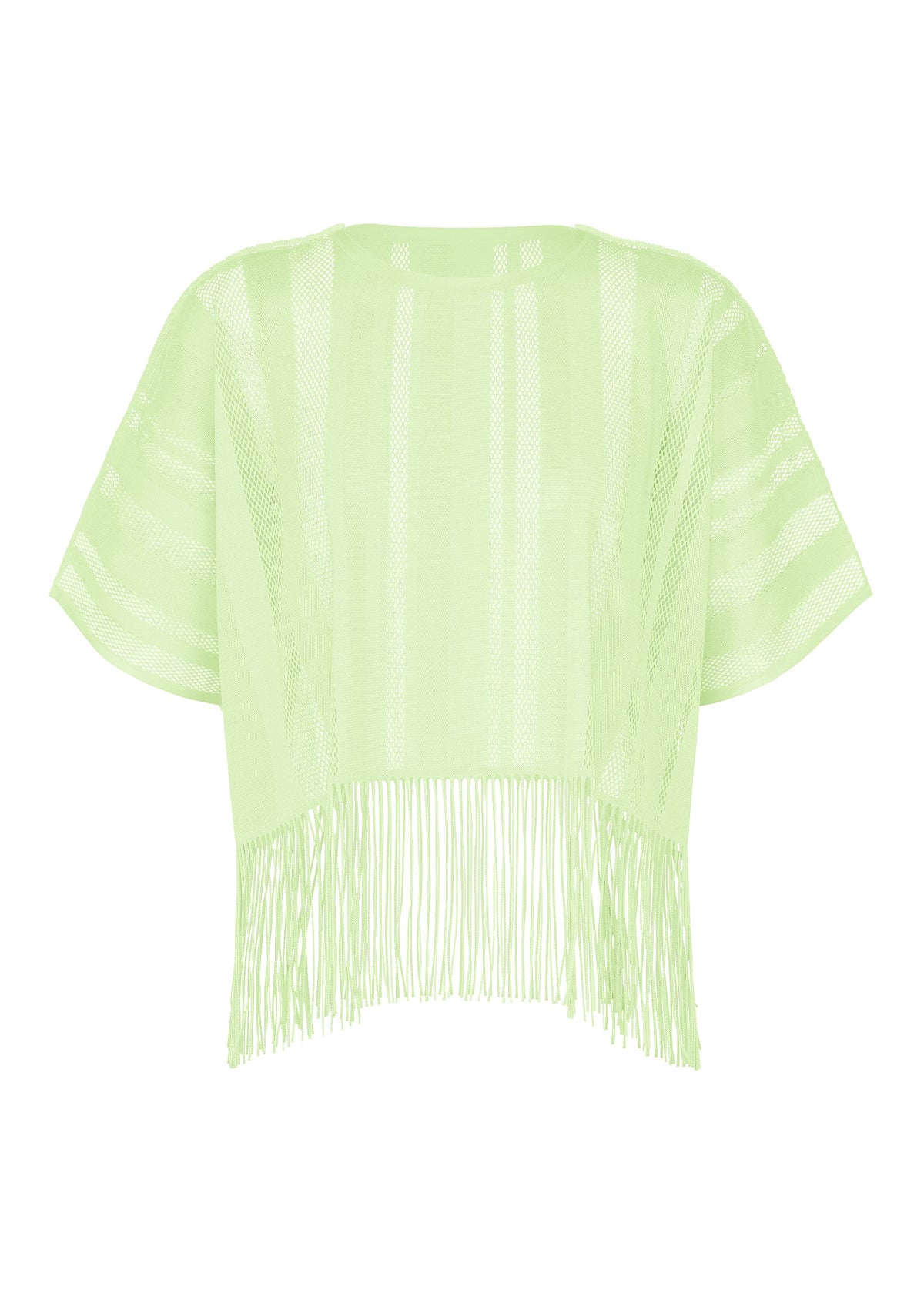 The A-POC LACE top by PLEATS PLEASE ISSEY MIYAKE is a light green, short-sleeved mesh shirt featuring a striped pattern and fringe trim along the bottom hem, displayed on a white background. view 2 of 8