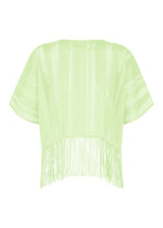The A-POC LACE top by PLEATS PLEASE ISSEY MIYAKE is a light green, short-sleeved mesh shirt featuring a striped pattern and fringe trim along the bottom hem, displayed on a white background. - PASTEL GREEN （no.59）