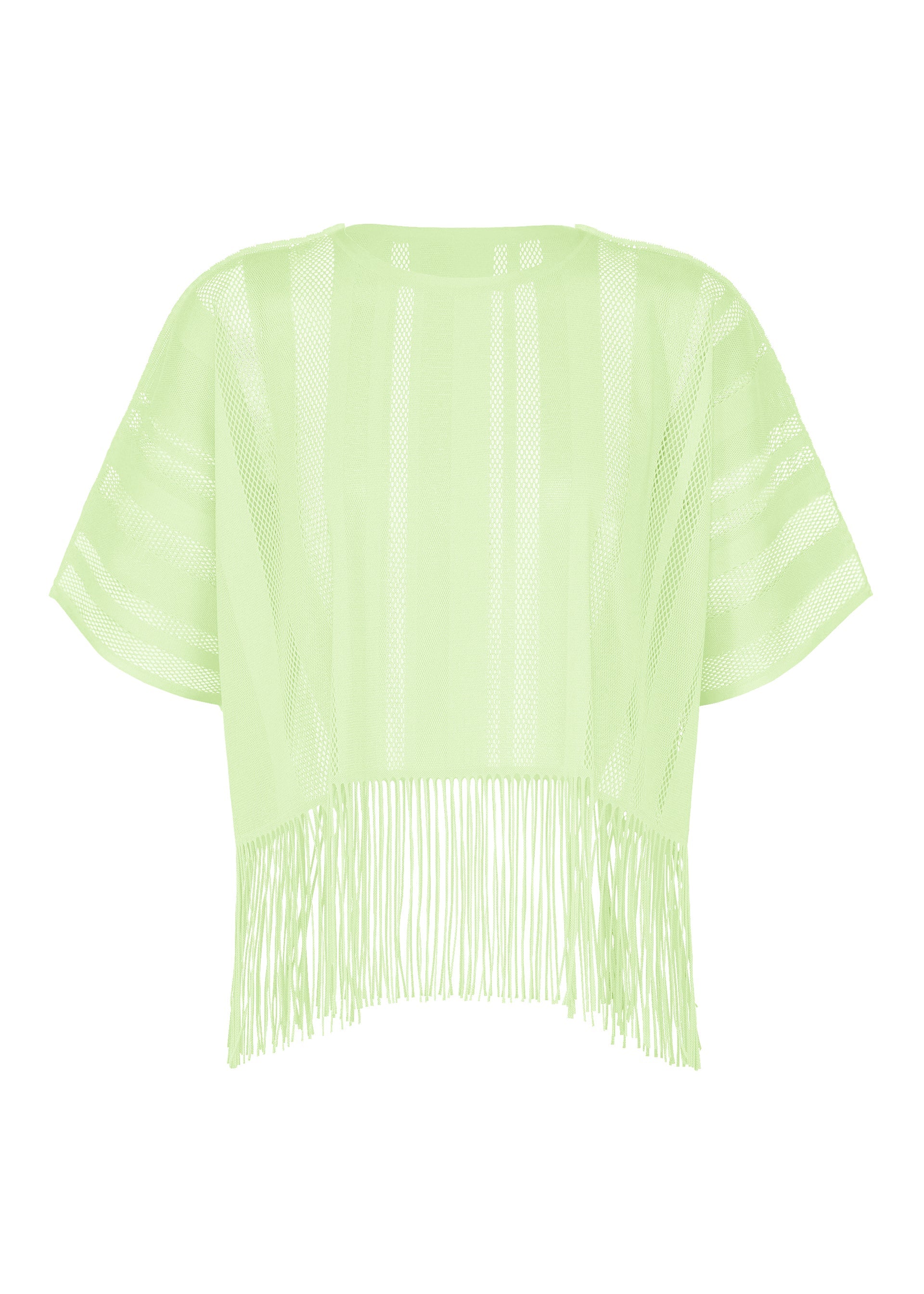 Zoomed view The A-POC LACE top by PLEATS PLEASE ISSEY MIYAKE is a light green, short-sleeved mesh shirt featuring a striped pattern and fringe trim along the bottom hem, displayed on a white background. - PASTEL GREEN （no.59）