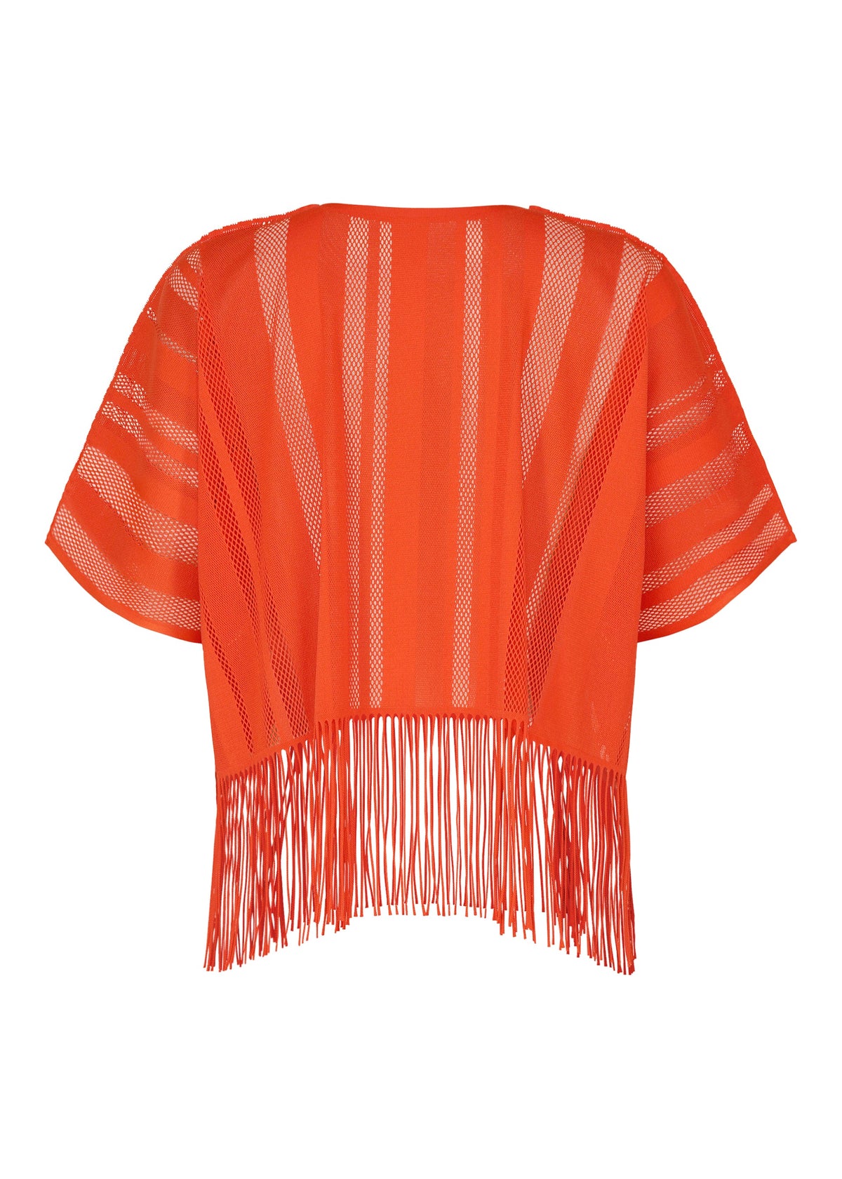A-POC LACE short-sleeve fringed top by PLEATS PLEASE ISSEY MIYAKE, in bright orange with mesh panels and a vertical striped pattern, featuring long fringe detailing at the hem. The back view is shown on a white background. view 3 of 8