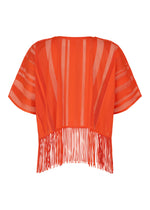 A-POC LACE short-sleeve fringed top by PLEATS PLEASE ISSEY MIYAKE, in bright orange with mesh panels and a vertical striped pattern, featuring long fringe detailing at the hem. The back view is shown on a white background.