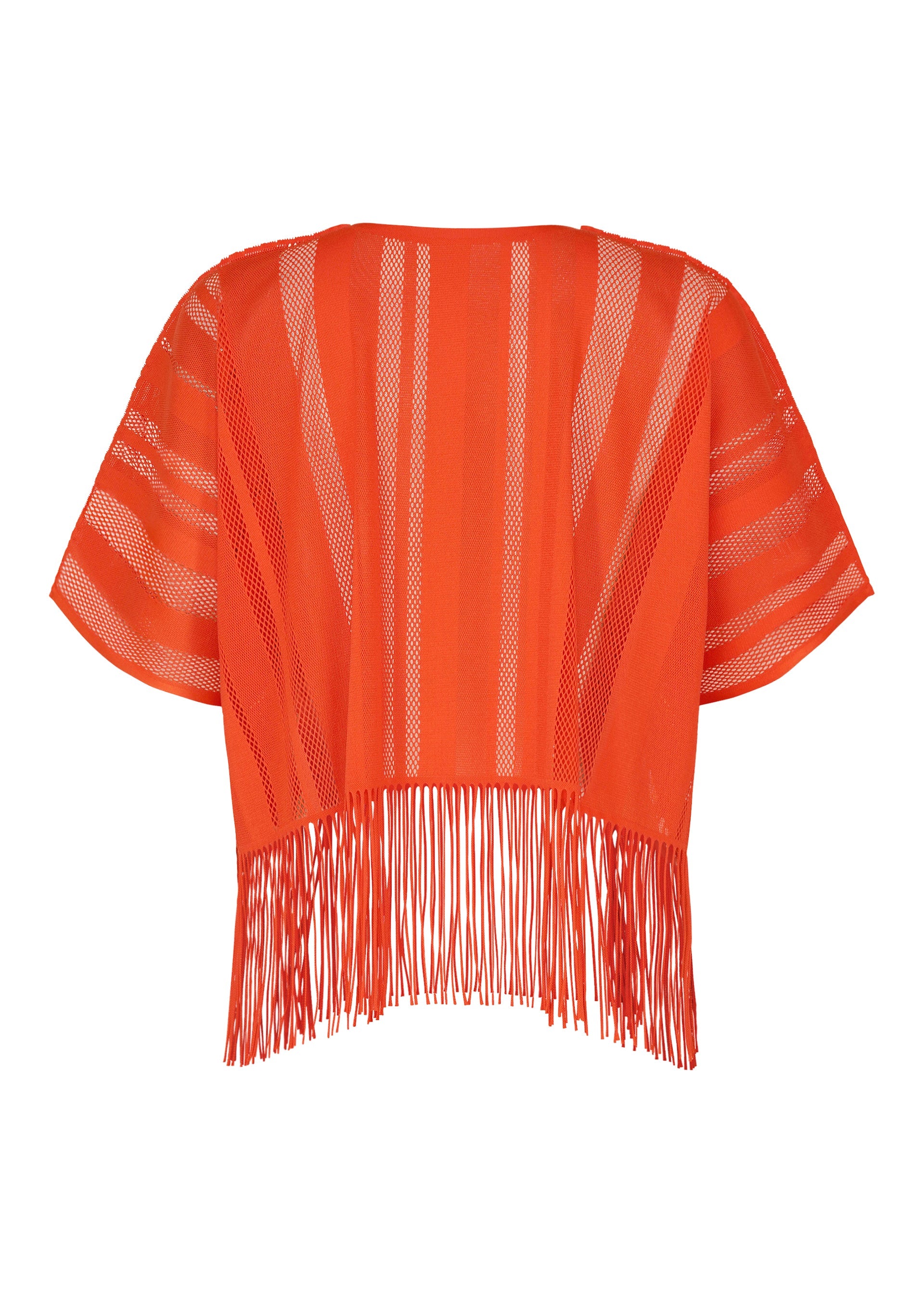 Zoomed view A-POC LACE short-sleeve fringed top by PLEATS PLEASE ISSEY MIYAKE, in bright orange with mesh panels and a vertical striped pattern, featuring long fringe detailing at the hem. The back view is shown on a white background.