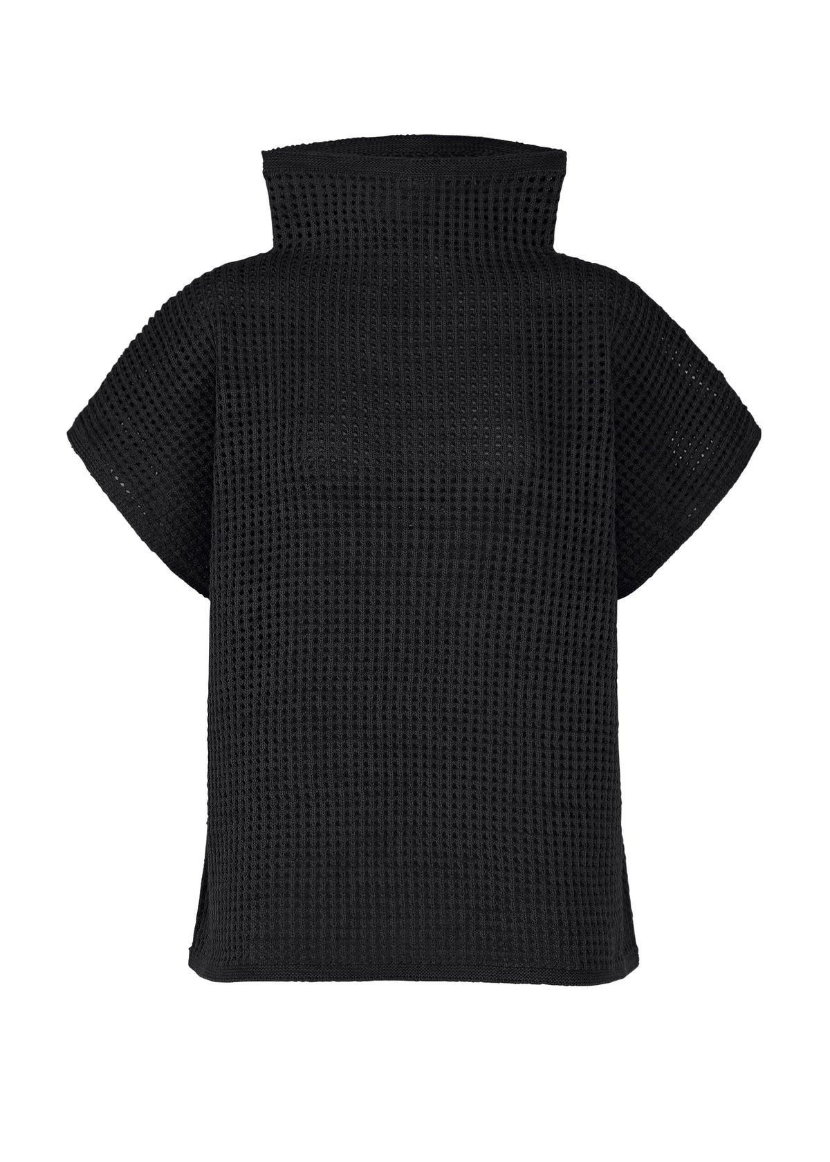 The DOT KNIT by PLEATS PLEASE ISSEY MIYAKE is a black, short-sleeve, waffle-textured top with a wide collar, boxy silhouette, and structured wool-blend design, shown flat on a white background. view 1 of 8