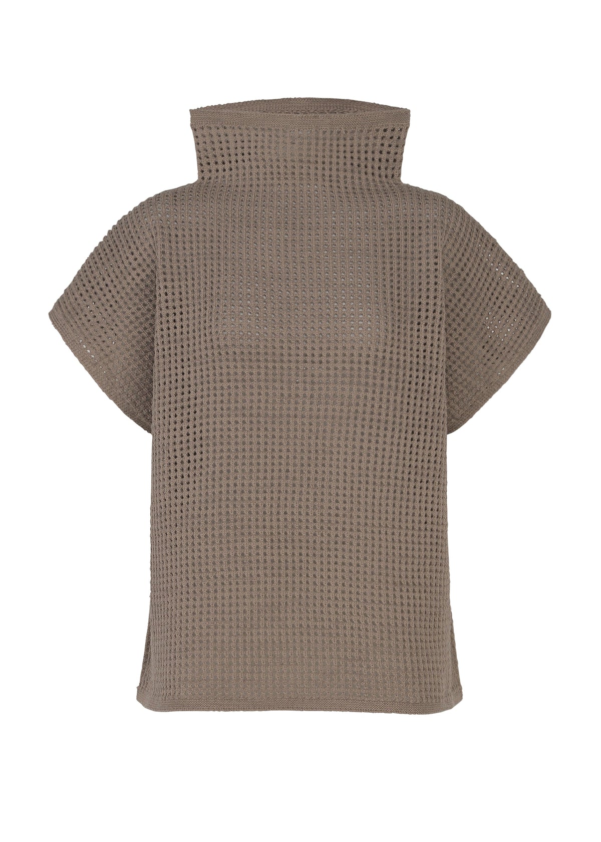The DOT KNIT by PLEATS PLEASE ISSEY MIYAKE is a taupe, short-sleeved, high-neck wool-blend top with a waffle texture, shown from the back against a white background. view 2 of 8