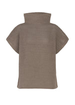 The DOT KNIT by PLEATS PLEASE ISSEY MIYAKE is a taupe, short-sleeved, high-neck wool-blend top with a waffle texture, shown from the back against a white background. - GREIGE （no.46）