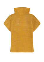 The DOT KNIT by PLEATS PLEASE ISSEY MIYAKE is a yellow, short-sleeved, high-neck poncho with French sleeves and an open-weave pattern, made from soft wool-blend yarn and shown on a white background. - OCHER （no.54）