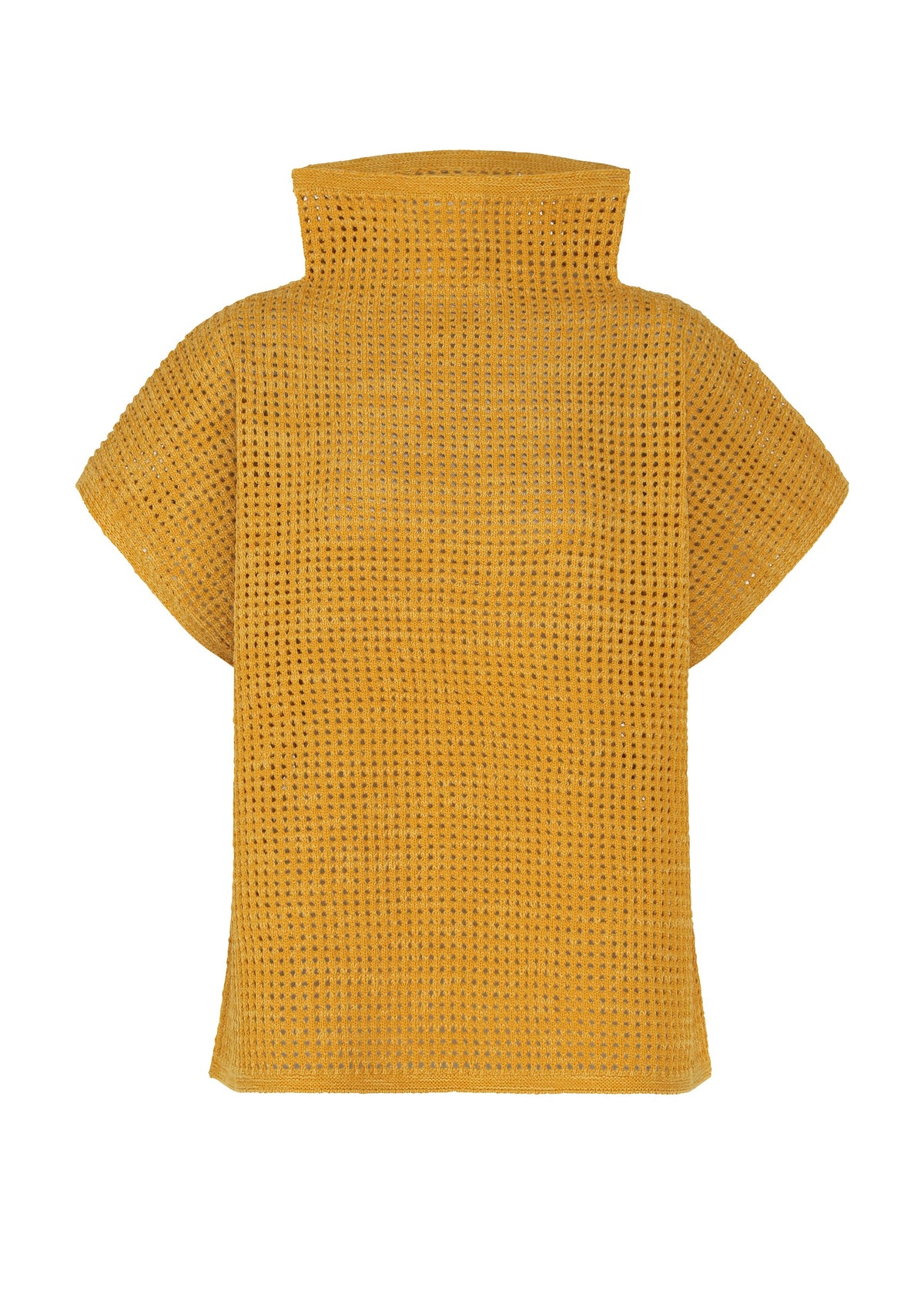 Zoomed view The DOT KNIT by PLEATS PLEASE ISSEY MIYAKE is a yellow, short-sleeved, high-neck poncho with French sleeves and an open-weave pattern, made from soft wool-blend yarn and shown on a white background. - OCHER （no.54）