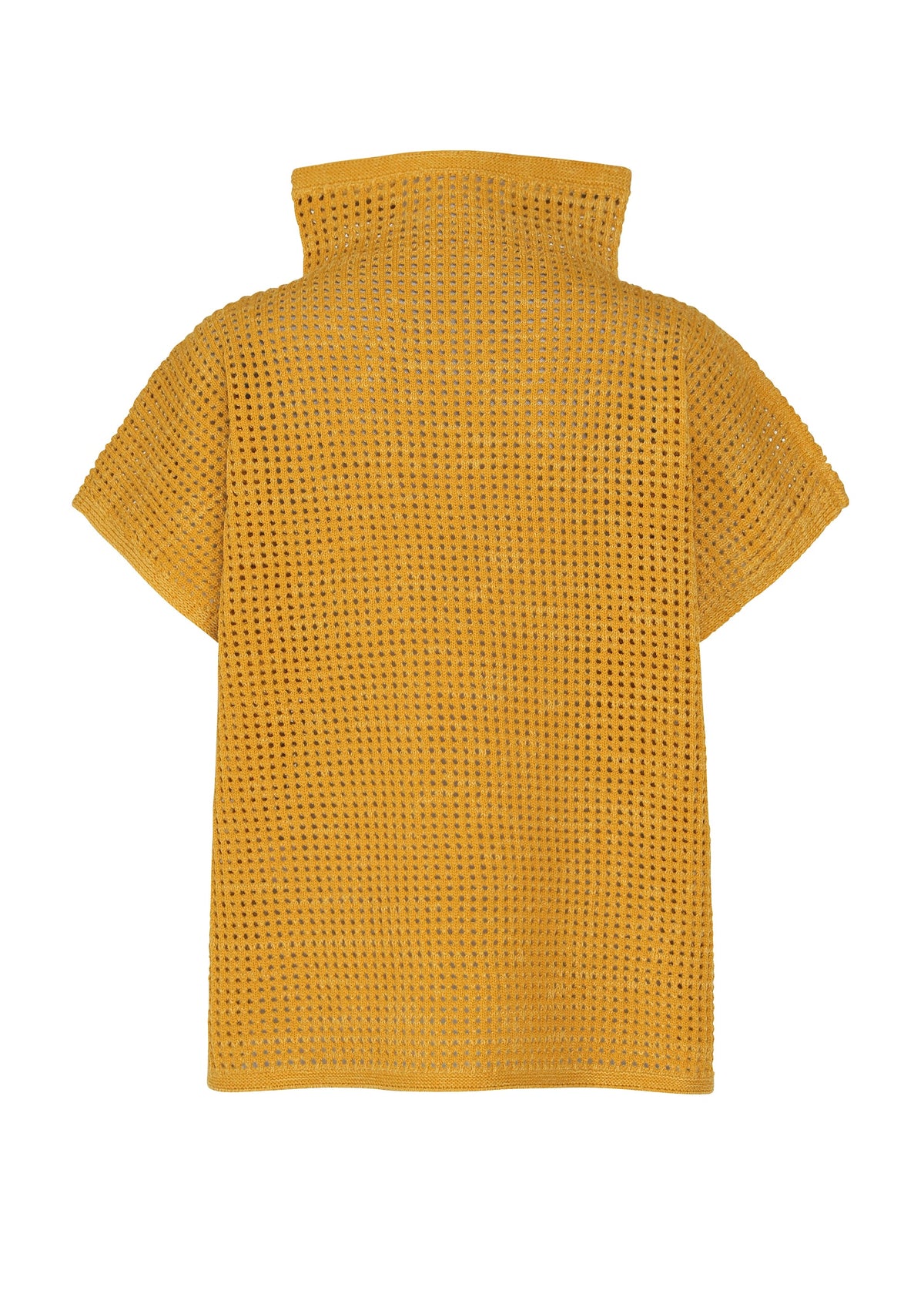 The DOT KNIT by PLEATS PLEASE ISSEY MIYAKE is a mustard yellow, short-sleeve, back-displayed crocheted top with French sleeves, a high-neck knit collar, and an open wool-blend pattern. view 4 of 8
