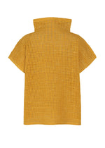 The DOT KNIT by PLEATS PLEASE ISSEY MIYAKE is a mustard yellow, short-sleeve, back-displayed crocheted top with French sleeves, a high-neck knit collar, and an open wool-blend pattern.