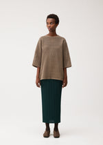 A person stands against a plain light background, wearing the DOT KNIT by PLEATS PLEASE ISSEY MIYAKE—a loose brown checkered top with mesh-like texture and wide sleeves—paired with a dark green pleated skirt and brown shoes.