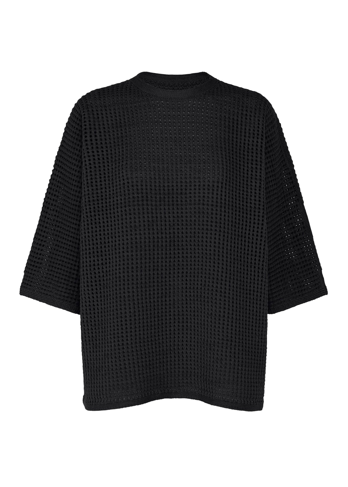 The DOT KNIT by PLEATS PLEASE ISSEY MIYAKE is a black, loose-fit crochet top with a round neck and half sleeves, featuring a boxy silhouette and mesh pattern, shown from the back on a white background. view 1 of 8