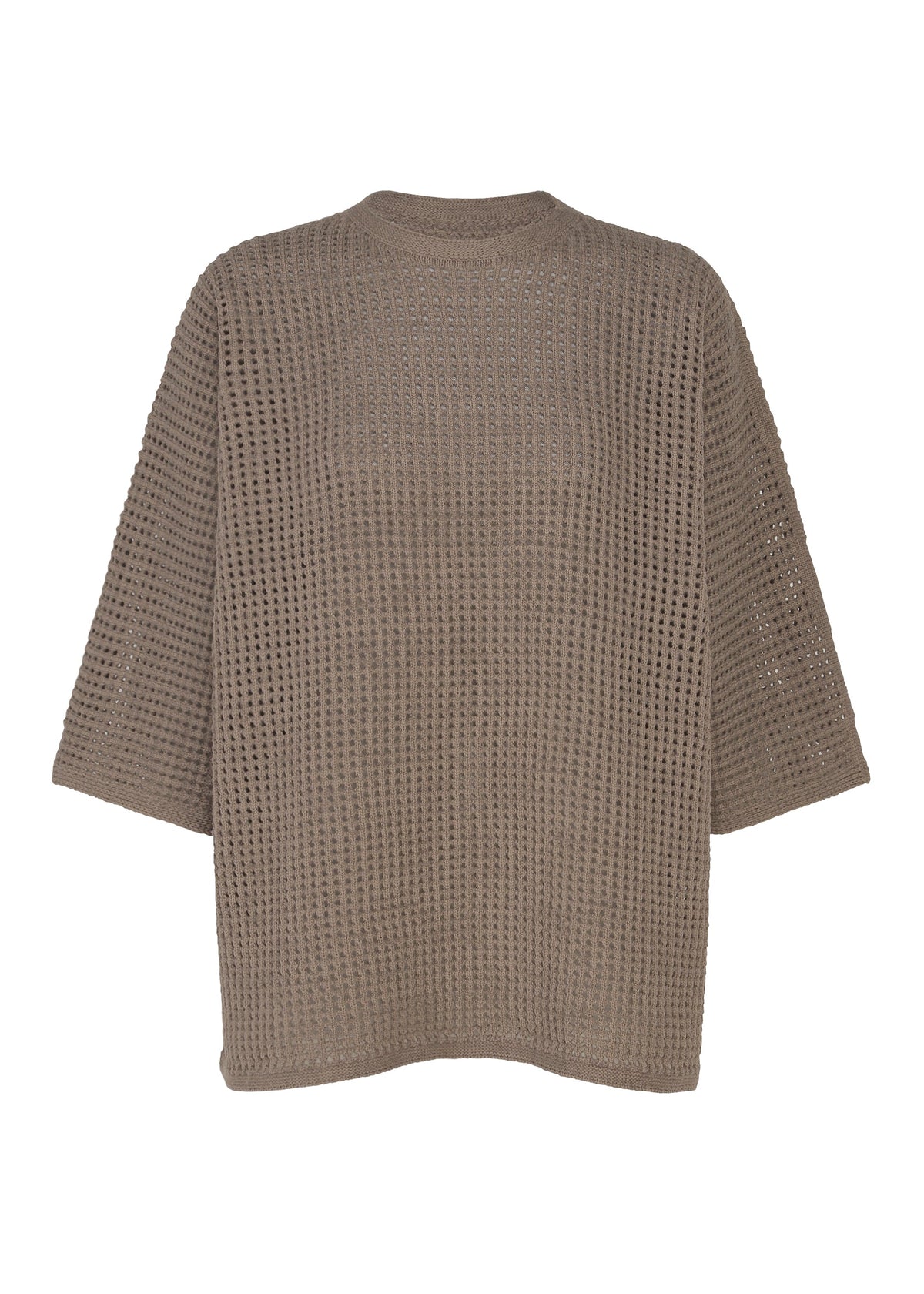 DOT KNIT by PLEATS PLEASE ISSEY MIYAKE: A brown, loose-knit round-neck sweater with three-quarter sleeves, featuring a stylish semi-sheer, grid-like mesh pattern in wool-blend yarn. Shown from the back. view 2 of 8