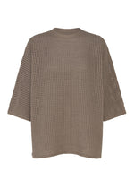 DOT KNIT by PLEATS PLEASE ISSEY MIYAKE: A brown, loose-knit round-neck sweater with three-quarter sleeves, featuring a stylish semi-sheer, grid-like mesh pattern in wool-blend yarn. Shown from the back. - GREIGE （no.46）