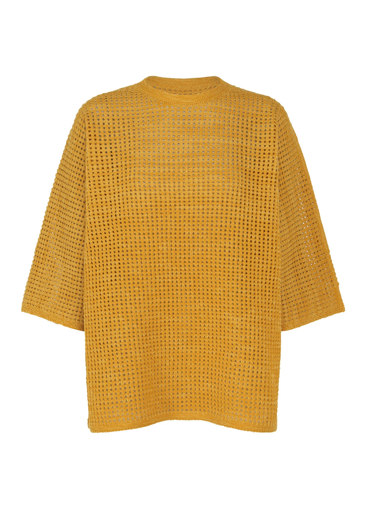 Zoomed view The DOT KNIT by PLEATS PLEASE ISSEY MIYAKE is a mustard yellow, loose-fit, open-knit sweater with a mesh pattern, wide sleeves, and round neckline shown on a white background. - OCHER （no.54）