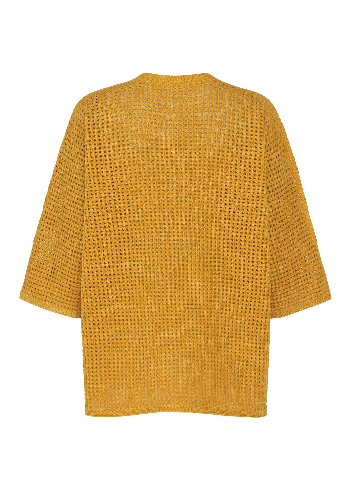 The DOT KNIT by PLEATS PLEASE ISSEY MIYAKE is a mustard yellow, loose-fitting open-knit sweater with wide sleeves, displayed from the back against a white background. view 4 of 8