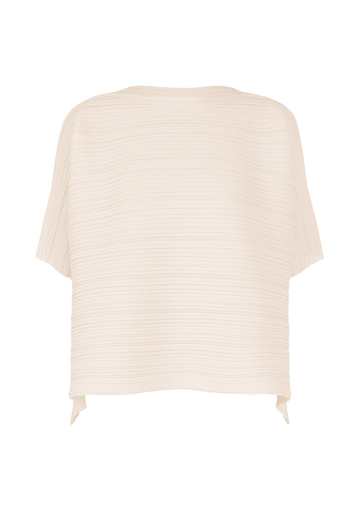 The PAPER BOUNCE KNIT by PLEATS PLEASE ISSEY MIYAKE is a beige, boat-neck top with short sleeves, a boxy loose fit, subtle ribbing, and side-slit hemline. Made from soft washi-paper-blend fabric for a lightweight, breathable feel. view 1 of 8