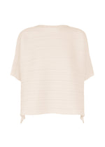 The PAPER BOUNCE KNIT by PLEATS PLEASE ISSEY MIYAKE is a beige, boat-neck top with short sleeves, a boxy loose fit, subtle ribbing, and side-slit hemline. Made from soft washi-paper-blend fabric for a lightweight, breathable feel. - WHITE （no.01）