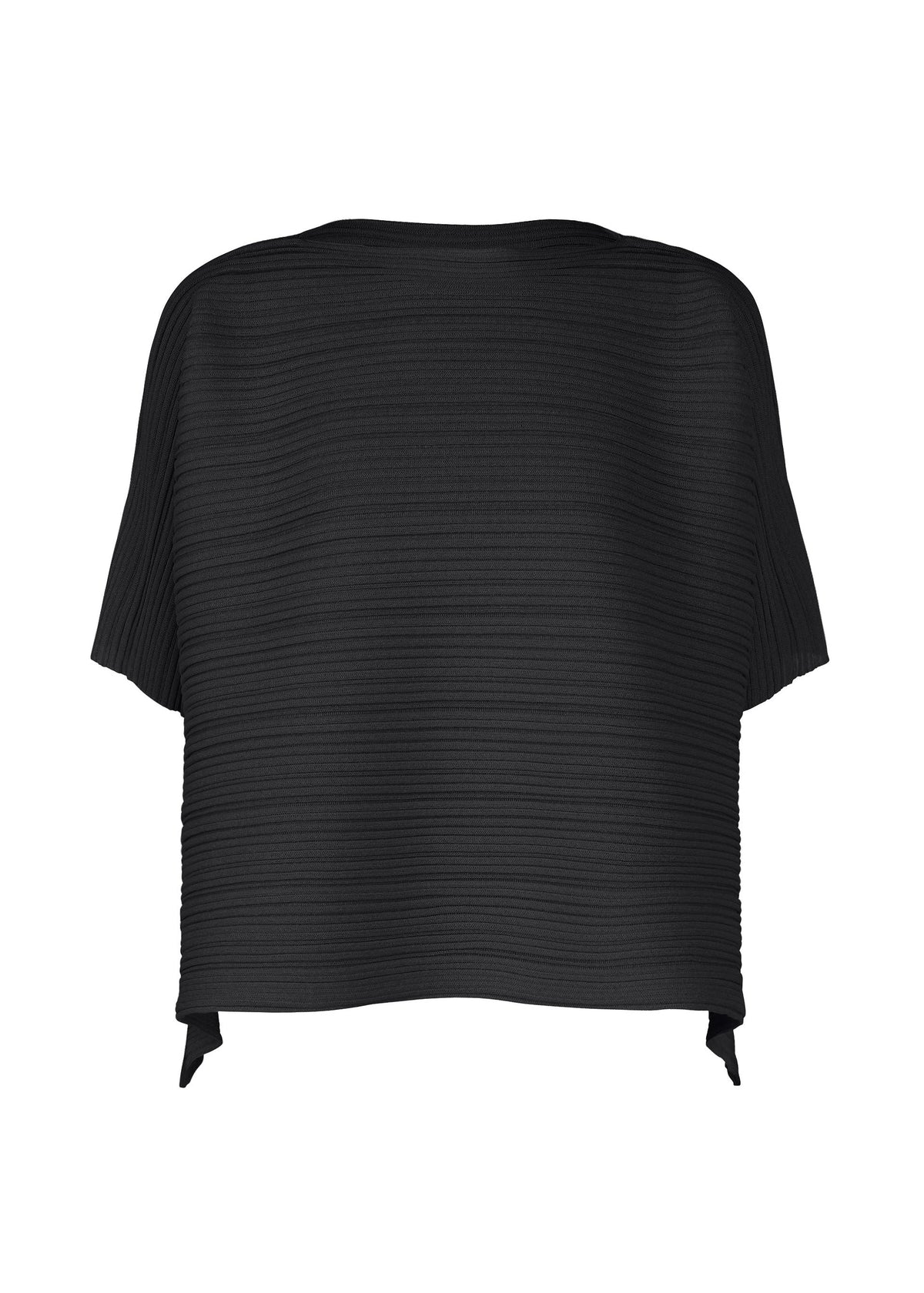 The PAPER BOUNCE KNIT by PLEATS PLEASE ISSEY MIYAKE is a loose black boat-neck top with short, slightly extended sleeves, a horizontal pleated texture, straight hem, and minimalist design emphasized from the back. view 2 of 8