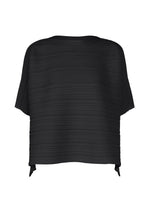 The PAPER BOUNCE KNIT by PLEATS PLEASE ISSEY MIYAKE is a loose black boat-neck top with short, slightly extended sleeves, a horizontal pleated texture, straight hem, and minimalist design emphasized from the back. - BLACK （no.15）