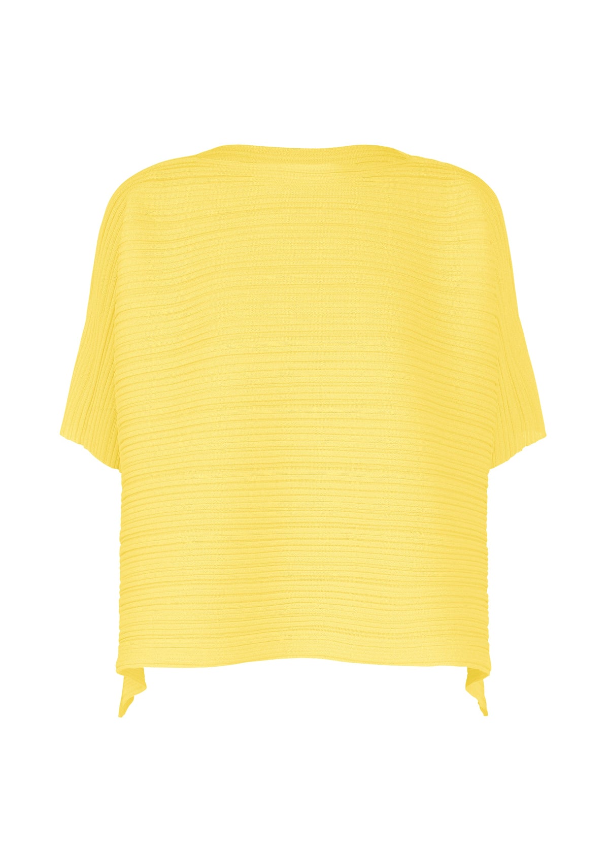 The PAPER BOUNCE KNIT by PLEATS PLEASE ISSEY MIYAKE is a loose-fitting, short-sleeved, bright yellow pleated boat-neck top with a wide neckline and subtle side slits, shown against a plain white background. view 3 of 8