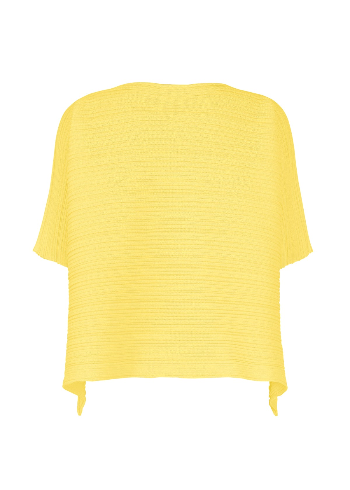 The PAPER BOUNCE KNIT by PLEATS PLEASE ISSEY MIYAKE is a bright yellow, short-sleeved, loose pleated top with a textured horizontal ribbed pattern, boat neckline, and gently draped sides. view 4 of 8