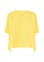 The PAPER BOUNCE KNIT by PLEATS PLEASE ISSEY MIYAKE is a bright yellow, short-sleeved, loose pleated top with a textured horizontal ribbed pattern, boat neckline, and gently draped sides.