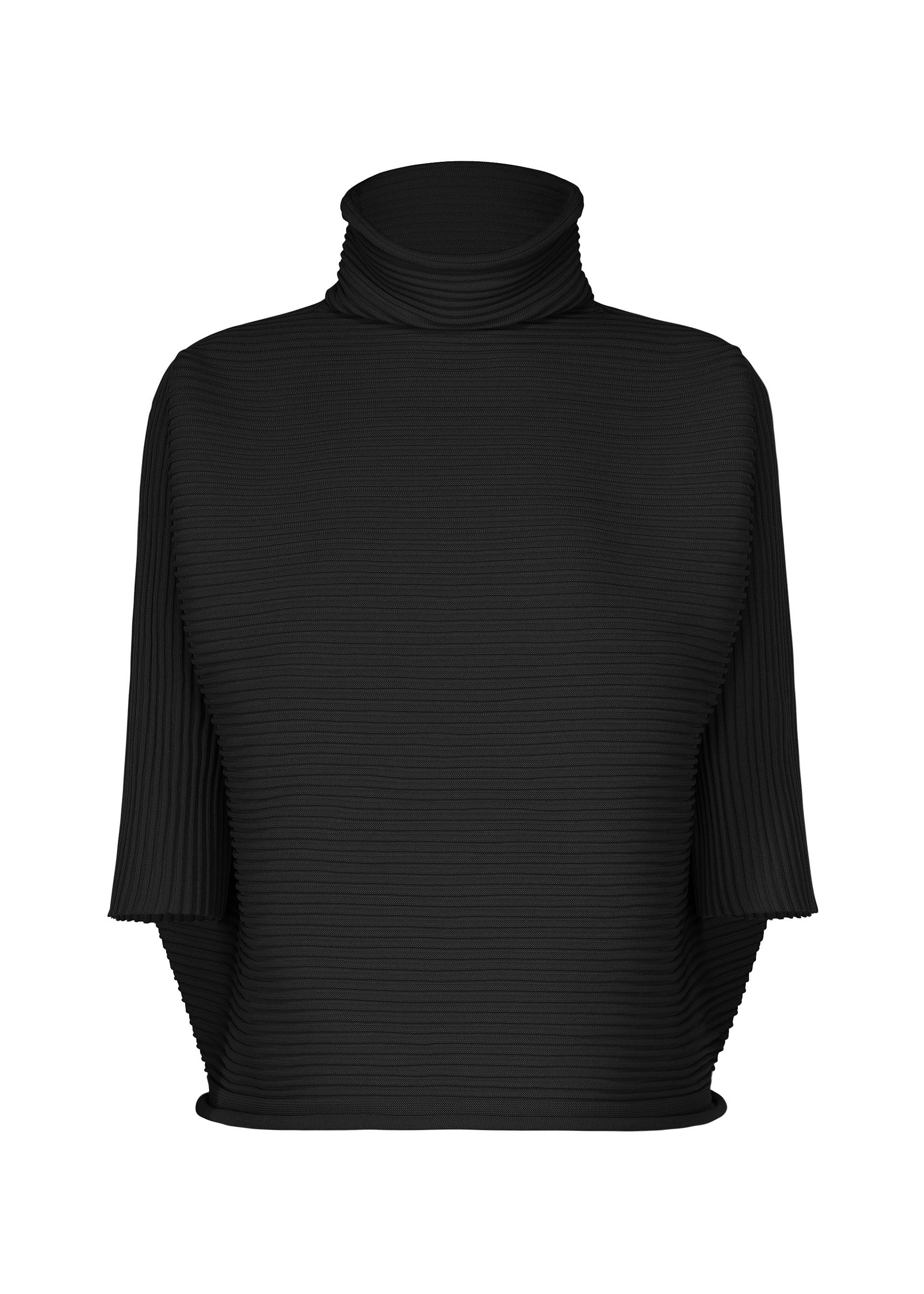 Zoomed view A black ZIG ZAG KNIT top by PLEATS PLEASE ISSEY MIYAKE, featuring a ribbed texture, high neck, three-quarter sleeves, and a subtle zigzag silhouette, displayed against a plain white background. - BLACK （no.15）