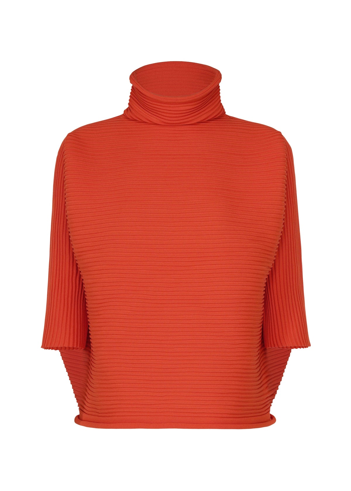 The ZIG ZAG KNIT by PLEATS PLEASE ISSEY MIYAKE is a bright orange, ribbed turtleneck top featuring half-length sleeves and a sculptural, pleated texture. Seamlessly knit, this fitted top presents a structured silhouette with no visible fastenings or embellishments. view 2 of 8