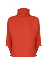 The ZIG ZAG KNIT by PLEATS PLEASE ISSEY MIYAKE is a bright orange, ribbed turtleneck top featuring half-length sleeves and a sculptural, pleated texture. Seamlessly knit, this fitted top presents a structured silhouette with no visible fastenings or embellishments. - RED （no.24）