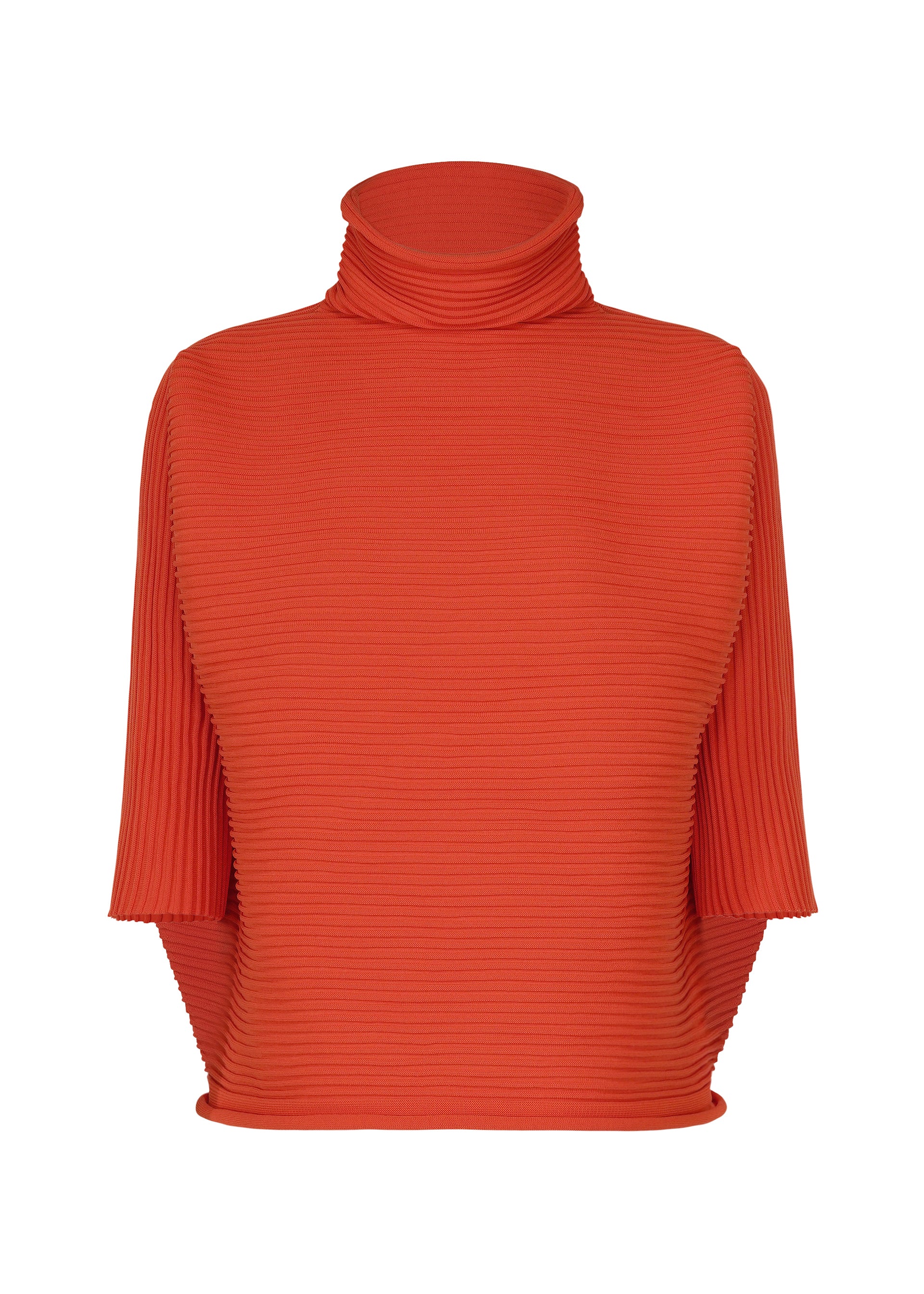 Zoomed view The ZIG ZAG KNIT by PLEATS PLEASE ISSEY MIYAKE is a bright orange, ribbed turtleneck top featuring half-length sleeves and a sculptural, pleated texture. Seamlessly knit, this fitted top presents a structured silhouette with no visible fastenings or embellishments. - RED （no.24）
