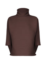 The ZIG ZAG KNIT top by PLEATS PLEASE ISSEY MIYAKE is a brown, ribbed seamless knit with a high-neck and short sleeves, featuring a fitted silhouette, shown against a white background. - DARK BROWN （no.47）