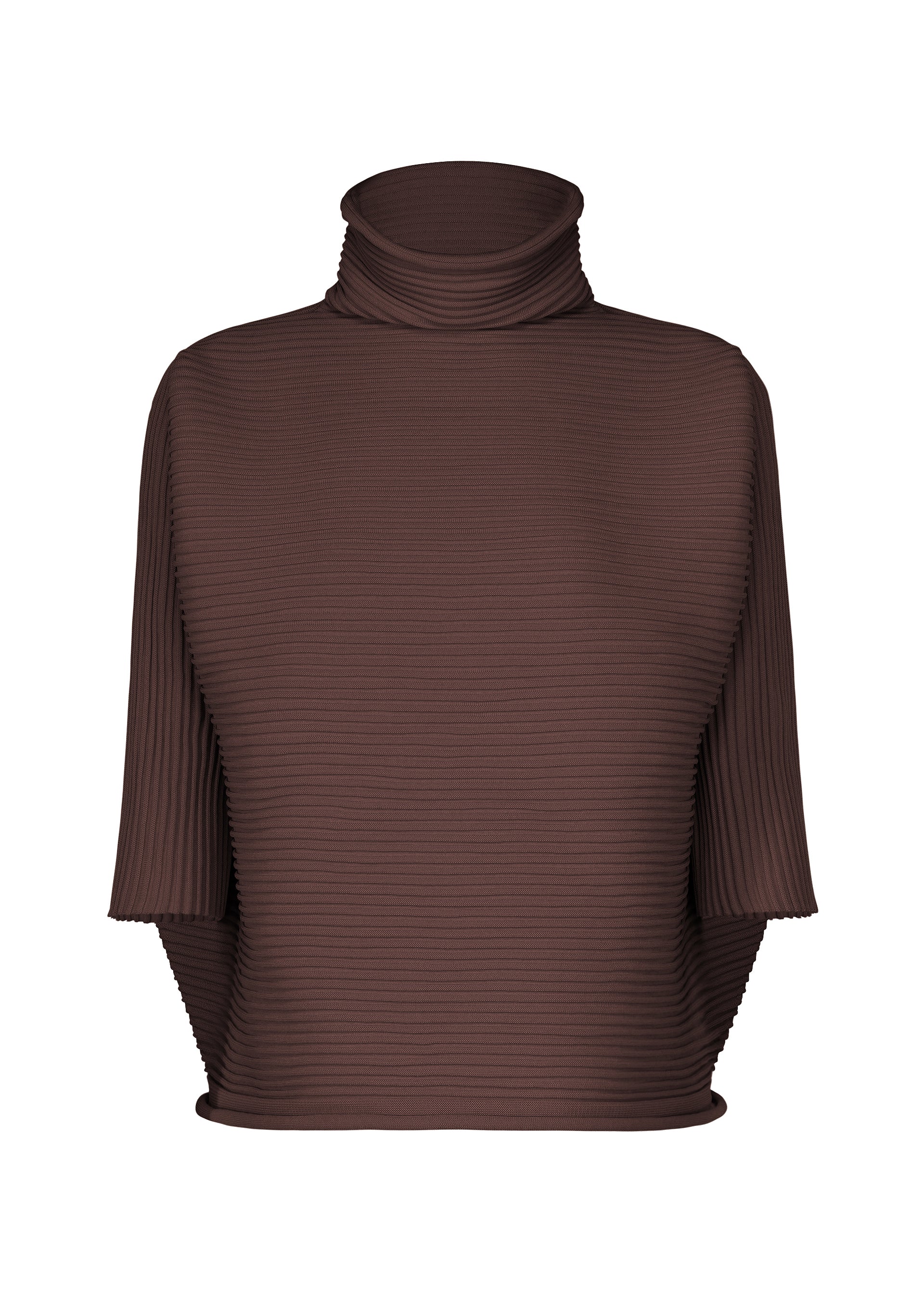 Zoomed view The ZIG ZAG KNIT top by PLEATS PLEASE ISSEY MIYAKE is a brown, ribbed seamless knit with a high-neck and short sleeves, featuring a fitted silhouette, shown against a white background. - DARK BROWN （no.47）