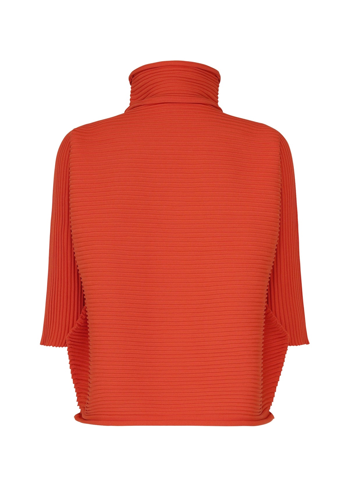 A back view of the ZIG ZAG KNIT by PLEATS PLEASE ISSEY MIYAKE—a bright red-orange, ribbed high-neck top featuring wide short sleeves and a loose, boxy fit—displayed against a plain white background. view 4 of 8