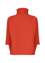 A back view of the ZIG ZAG KNIT by PLEATS PLEASE ISSEY MIYAKE—a bright red-orange, ribbed high-neck top featuring wide short sleeves and a loose, boxy fit—displayed against a plain white background.