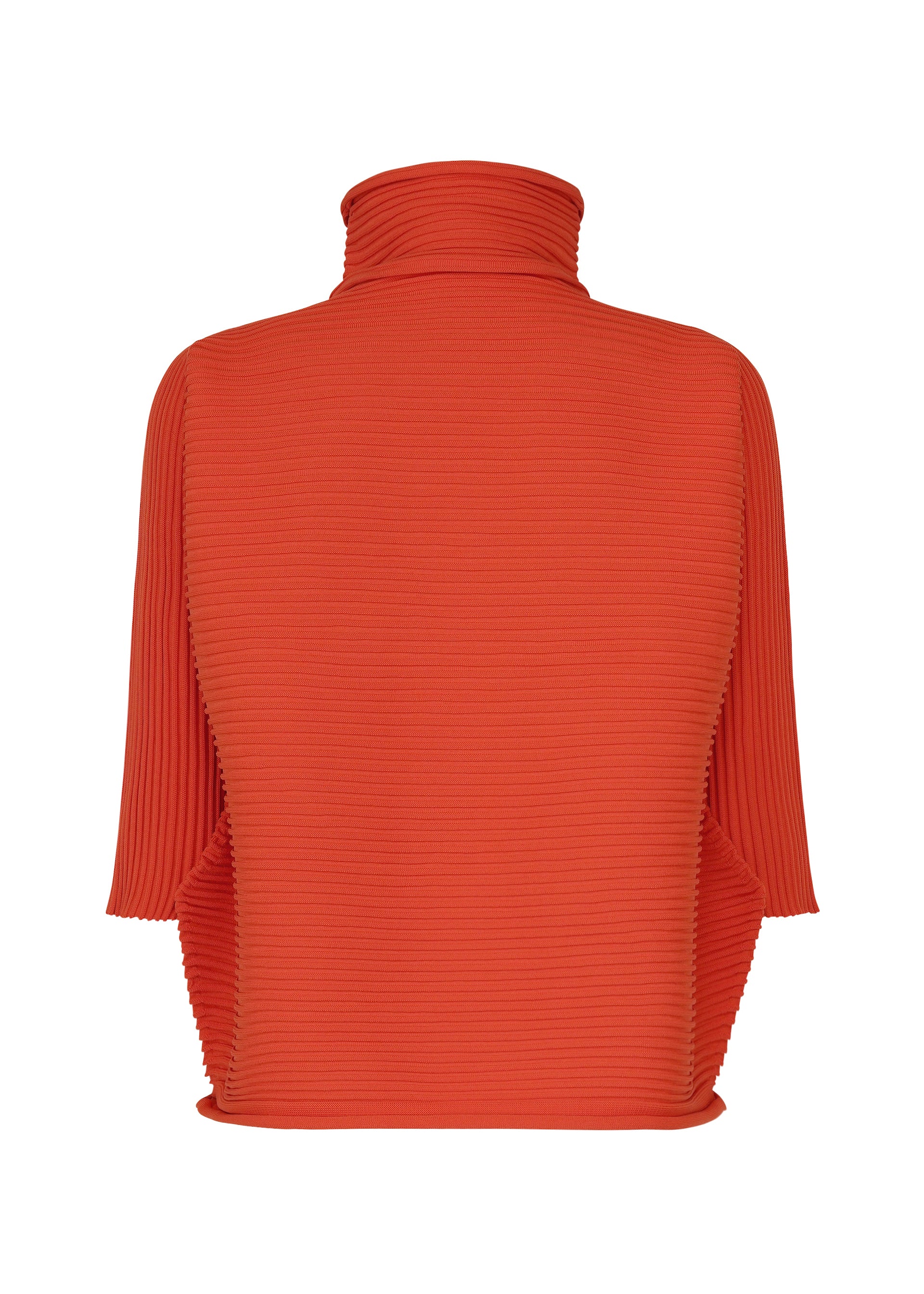 Zoomed view A back view of the ZIG ZAG KNIT by PLEATS PLEASE ISSEY MIYAKE—a bright red-orange, ribbed high-neck top featuring wide short sleeves and a loose, boxy fit—displayed against a plain white background.