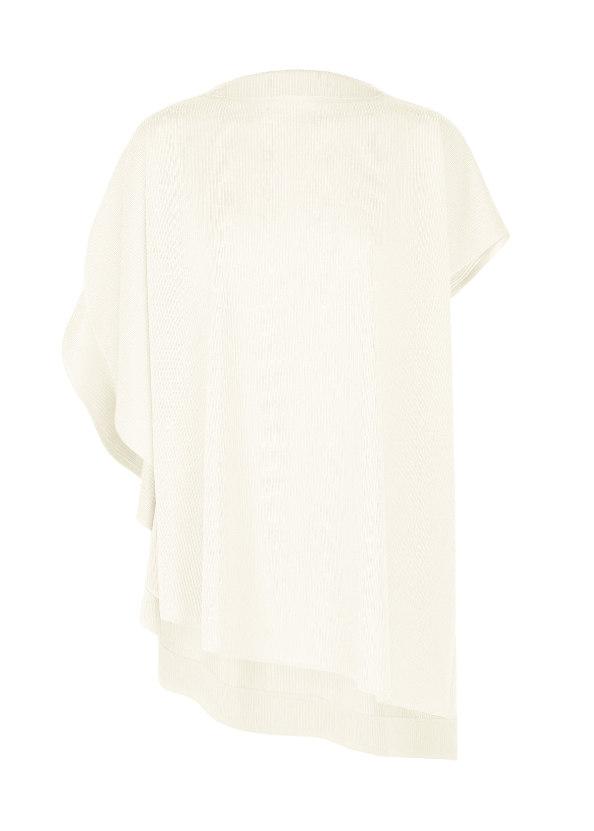 The A-POC SLICE by PLEATS PLEASE ISSEY MIYAKE is a cream asymmetric poncho-style top with a loose, draped fit and subtle ribbed texture, inspired by the A-POC series, shown on a white background. view 1 of 9