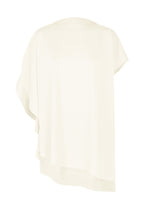 The A-POC SLICE by PLEATS PLEASE ISSEY MIYAKE is a cream asymmetric poncho-style top with a loose, draped fit and subtle ribbed texture, inspired by the A-POC series, shown on a white background. - WHITE （no.01）