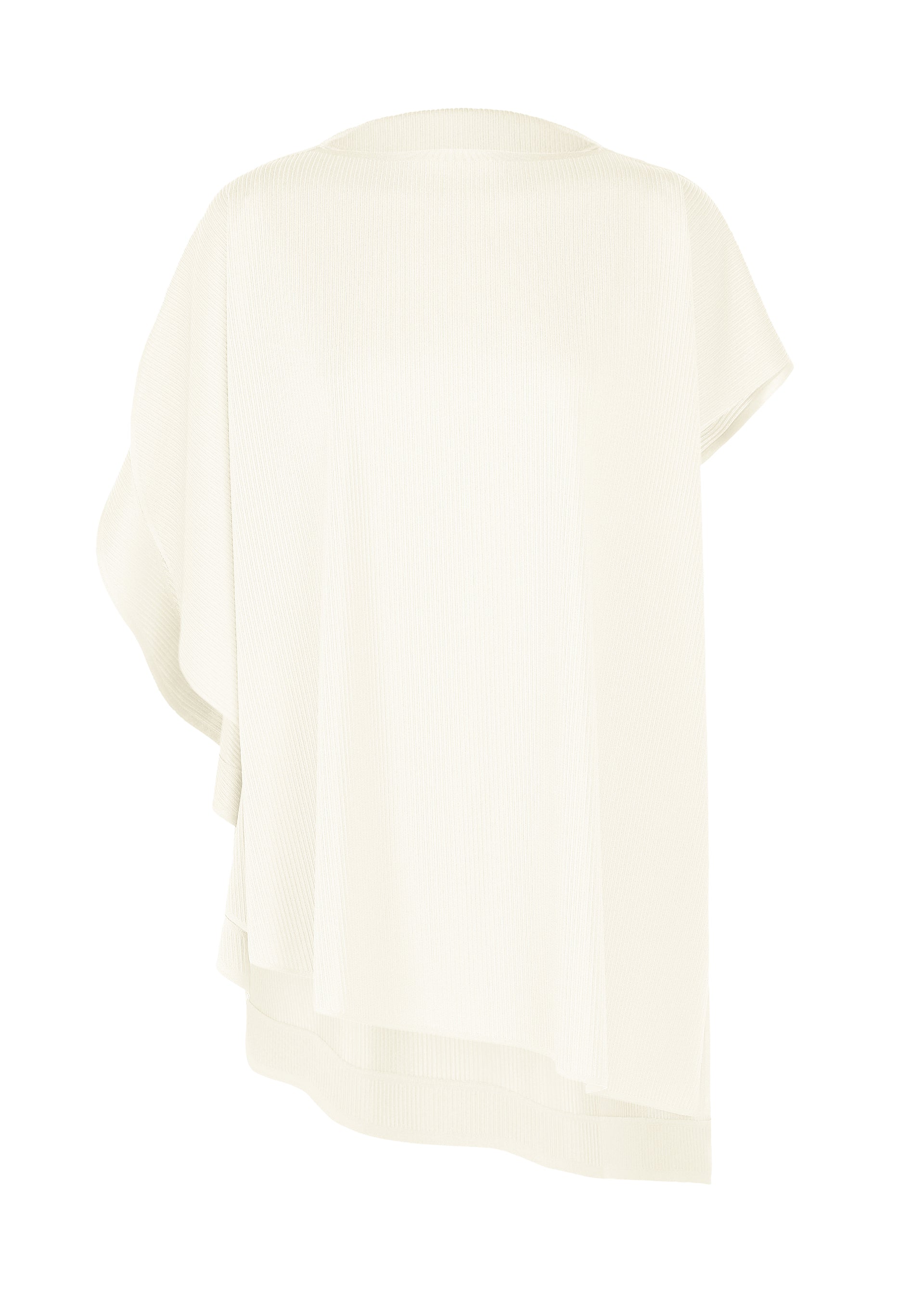 Zoomed view The A-POC SLICE by PLEATS PLEASE ISSEY MIYAKE is a cream asymmetric poncho-style top with a loose, draped fit and subtle ribbed texture, inspired by the A-POC series, shown on a white background. - WHITE （no.01）