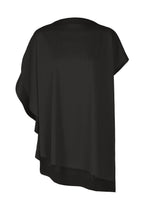 The PLEATS PLEASE ISSEY MIYAKE A-POC SLICE is a black, asymmetrical poncho with soft, flowing fabric and a longer drape on one side, inspired by the A-POC series. It features a round-neck tunic silhouette against a plain white background. - BLACK （no.15）