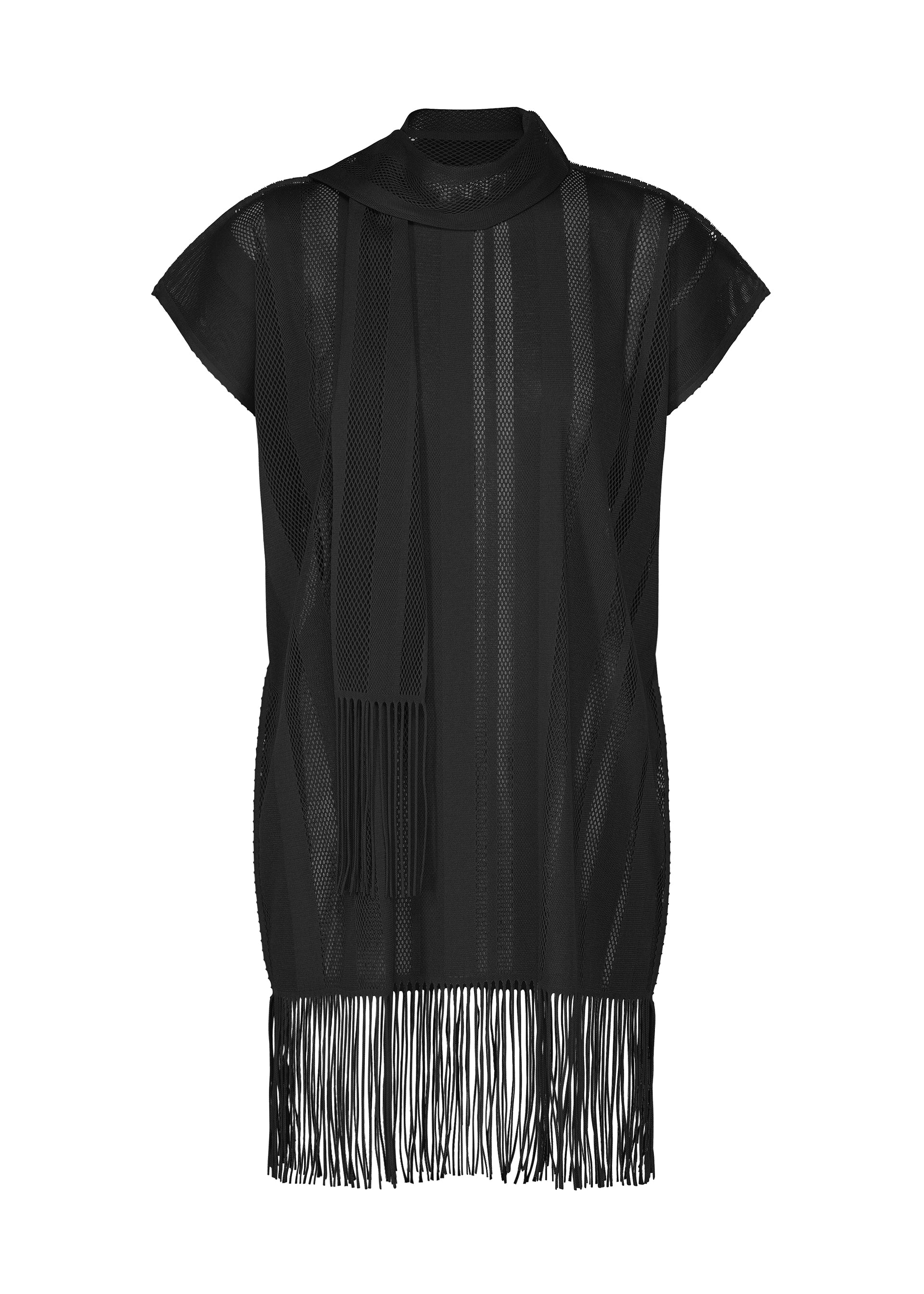 Zoomed view A-POC LACE by PLEATS PLEASE ISSEY MIYAKE is a black sheer tunic dress with short sleeves, featuring a round-neck tunic silhouette and long black fringe detailing along the hem. Crafted from lightweight mesh material, this style is finished with a matching fringed scarf elegantly draped over the neckline. - BLACK （no.15）