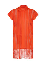 The A-POC LACE dress by PLEATS PLEASE ISSEY MIYAKE features a bright orange, short-sleeve mesh design with vertical stripes, a matching scarf, and fringe detailing at the hem that creates the look of a stylish fringed tunic, all set against a white background. - VERMILION （no.28）