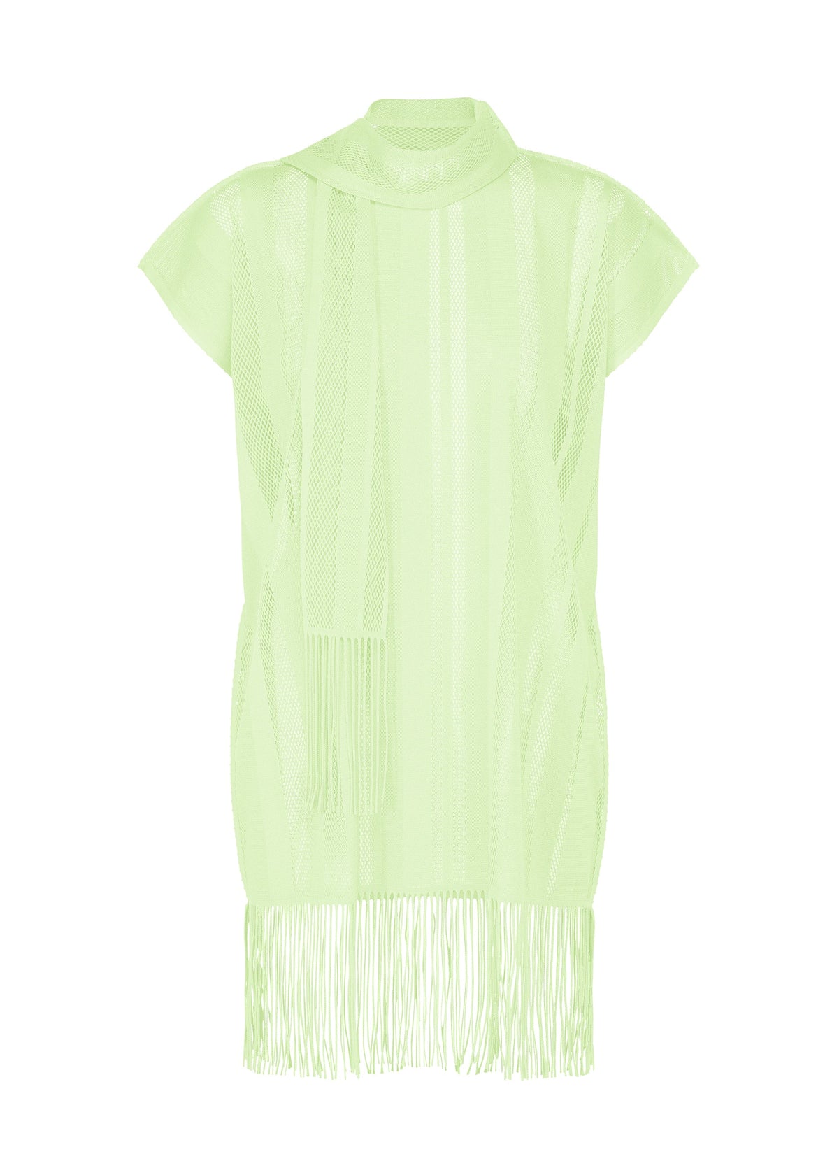 The A-POC LACE dress by PLEATS PLEASE ISSEY MIYAKE features a sheer, light green mesh material, short sleeves, a high neckline, and playful fringe detailing along the hem—a fresh take on the classic fringed tunic. view 3 of 11