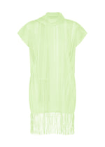 The A-POC LACE dress by PLEATS PLEASE ISSEY MIYAKE features a sheer, light green mesh material, short sleeves, a high neckline, and playful fringe detailing along the hem—a fresh take on the classic fringed tunic. - PASTEL GREEN （no.59）