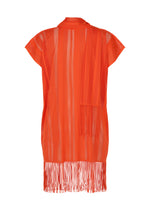 A-POC LACE by PLEATS PLEASE ISSEY MIYAKE: a sheer orange mesh poncho featuring a round-neck tunic design, short sleeves, long fringe at the hem, and a matching scarf draped over one shoulder, displayed on a plain white background.